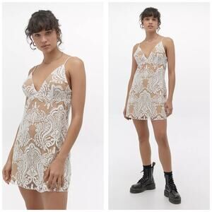 Free People Lace Night Shimmers Mini Dress Size 4 White Sequin Ivory Bridal